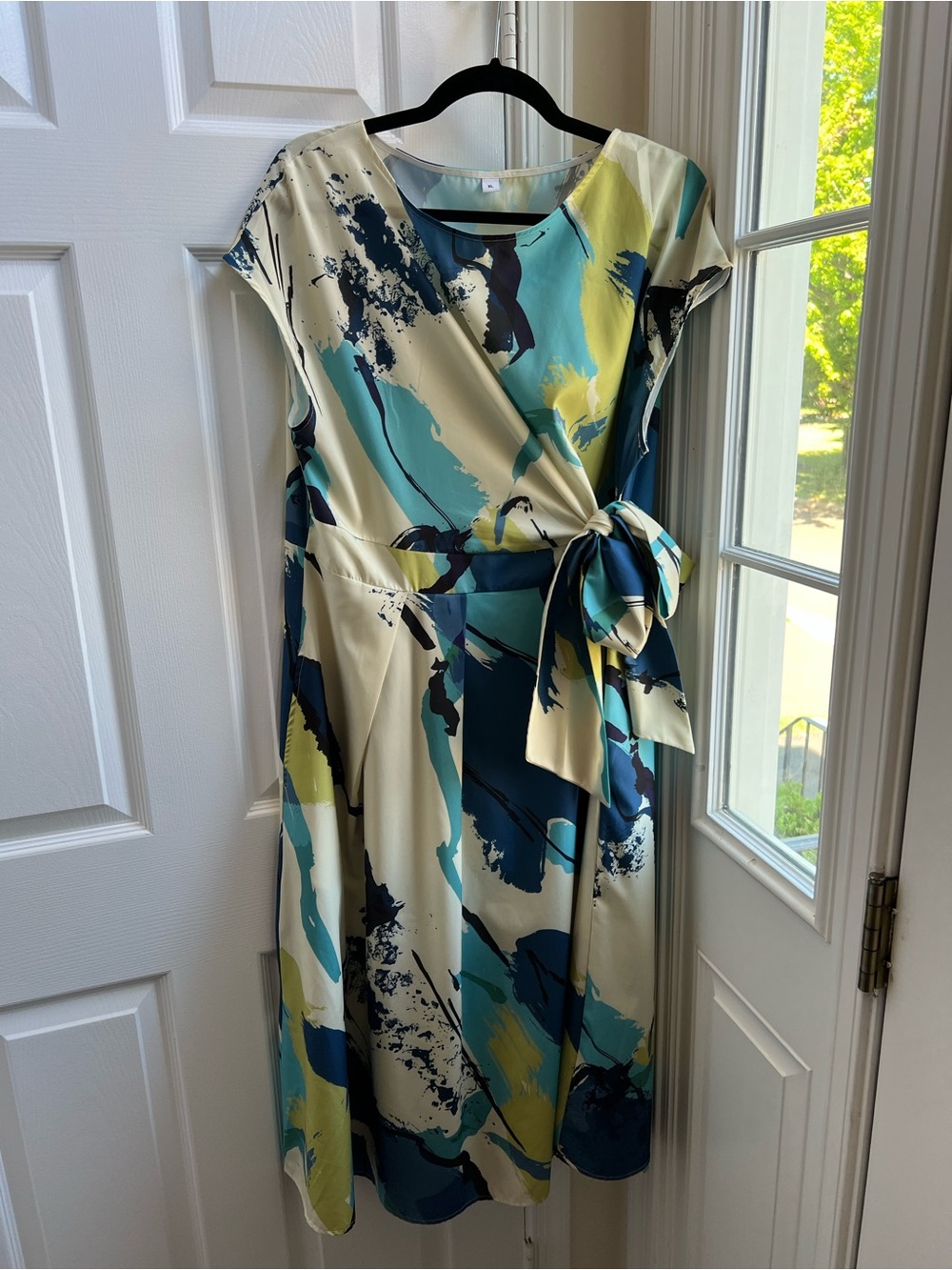Abstract Print Faux Wrap Midi Dress XL Blue Aqua Cream Side Bow Cocktail Wedding